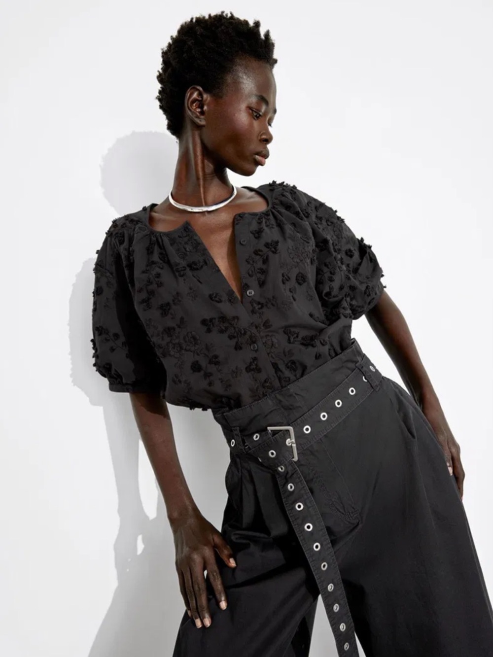 & Other Stories Textured Jaquard Ovetsized Puff Sleeve Blouse Black 0